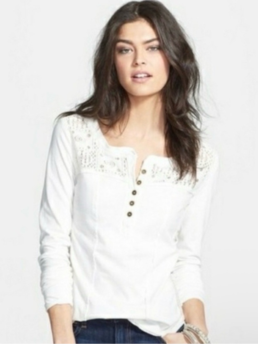 Free People Gold Coast Cream White Long-Sleeve Henley with Crochet Yoke